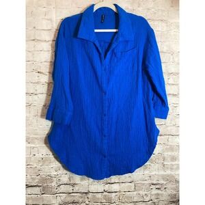 Raviva Gauze Top Womens Medium Cobalt Blue Button Up Artsy Lagenlook Cotton
